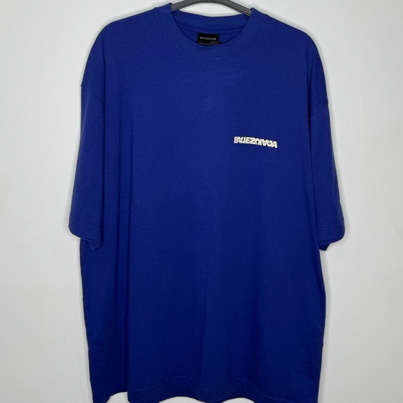 Balenciaga Turn Logo Oversized Crewneck T-Shirt Blue Indigo Men’s Size Small